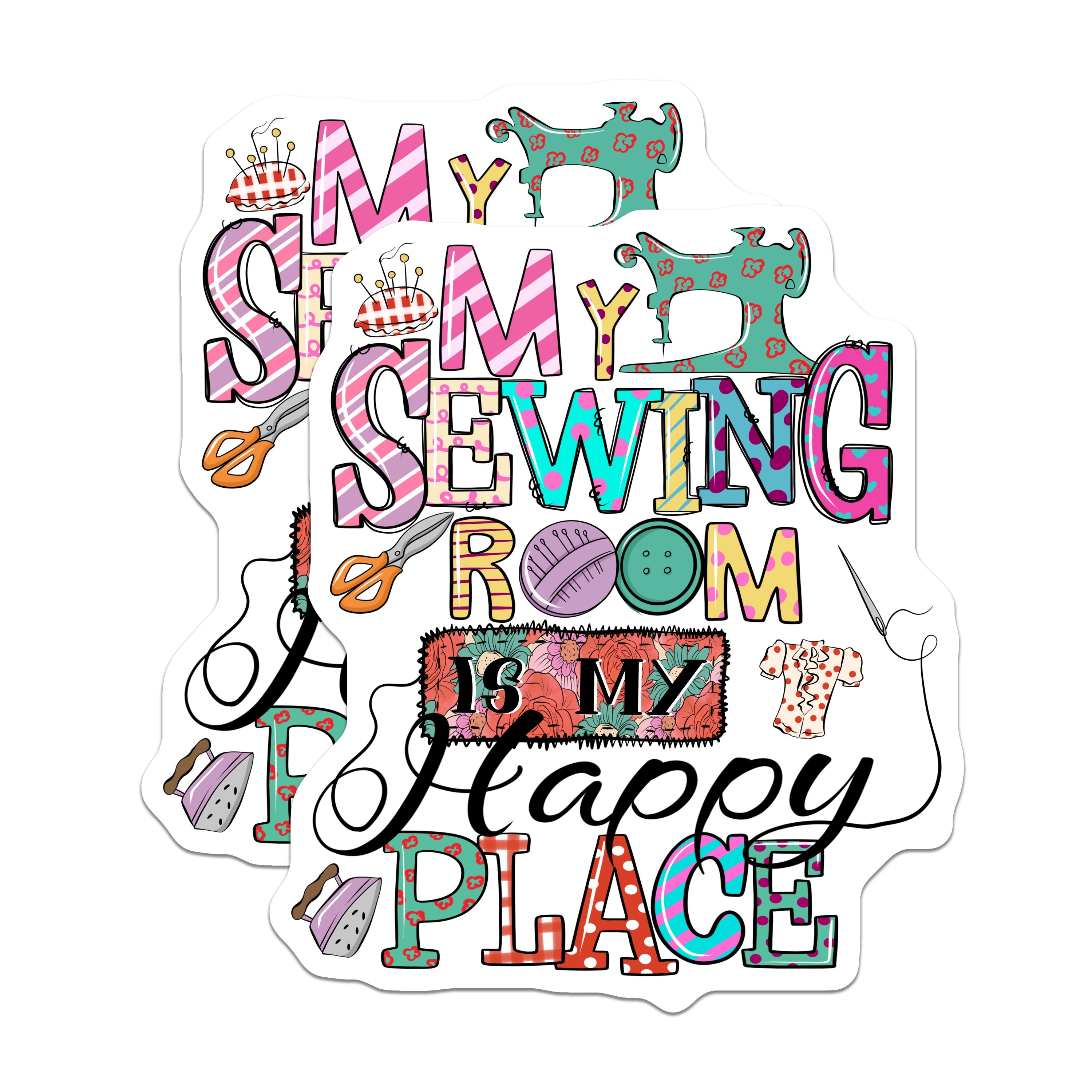 (2 Pack) Sewing Room Magnets - Happy Place Crafter Decor - Seamstress Quilter Studio Home Hobby Gift - 5 Inches On Longest Side - Thick Durable Magnet - Made in USA - MAG38292