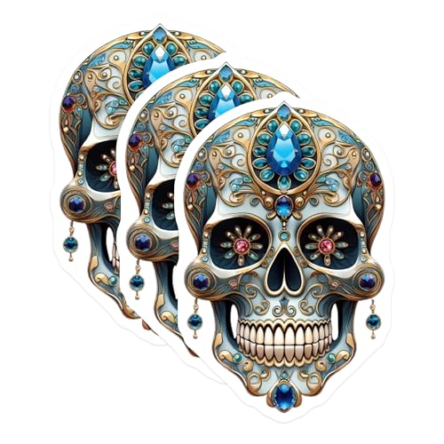 (3 Pack) Jeweled Skull Decals - Ornate Sugar Skull - Gothic Laptop Decal - 3 Inches On Longest Side - Easy Peel & Apply - Made in USA - 3MCS7366
