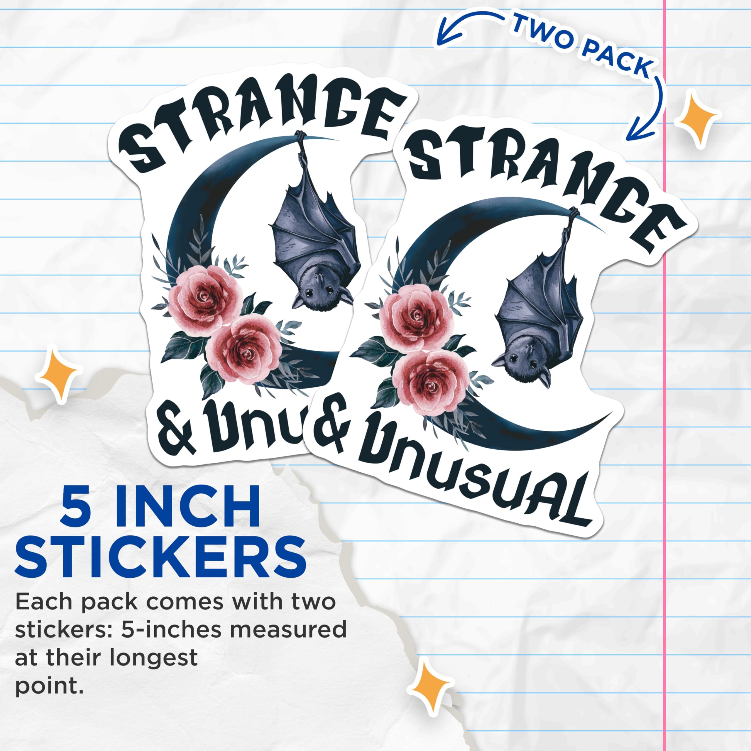 (2 Pack) Strange and Unusual Stickers - Hanging Bat - Floral Crescent Moon - 5" On Longest Side - Sticks to Smooth Flat Surfaces - Made in USA - BMCS18259