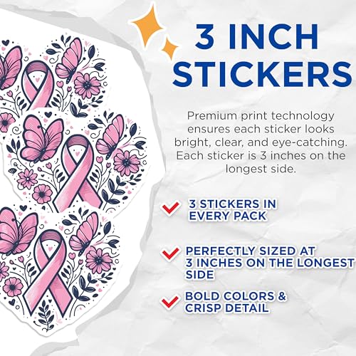 (3 Pack) Breast Cancer Awareness Decals - Ribbon Butterfly - Laptop Decals - 3 Inches On Longest Side - Easy Peel & Apply - Made in USA - 3MCS4756