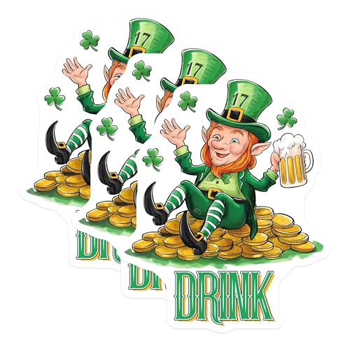 (3 Pack) Leprechaun Drink Decals - St Patricks Day - Irish Beer Lover - 3 Inches On Longest Side - Easy Peel & Apply - Made in USA - 3MCS7163