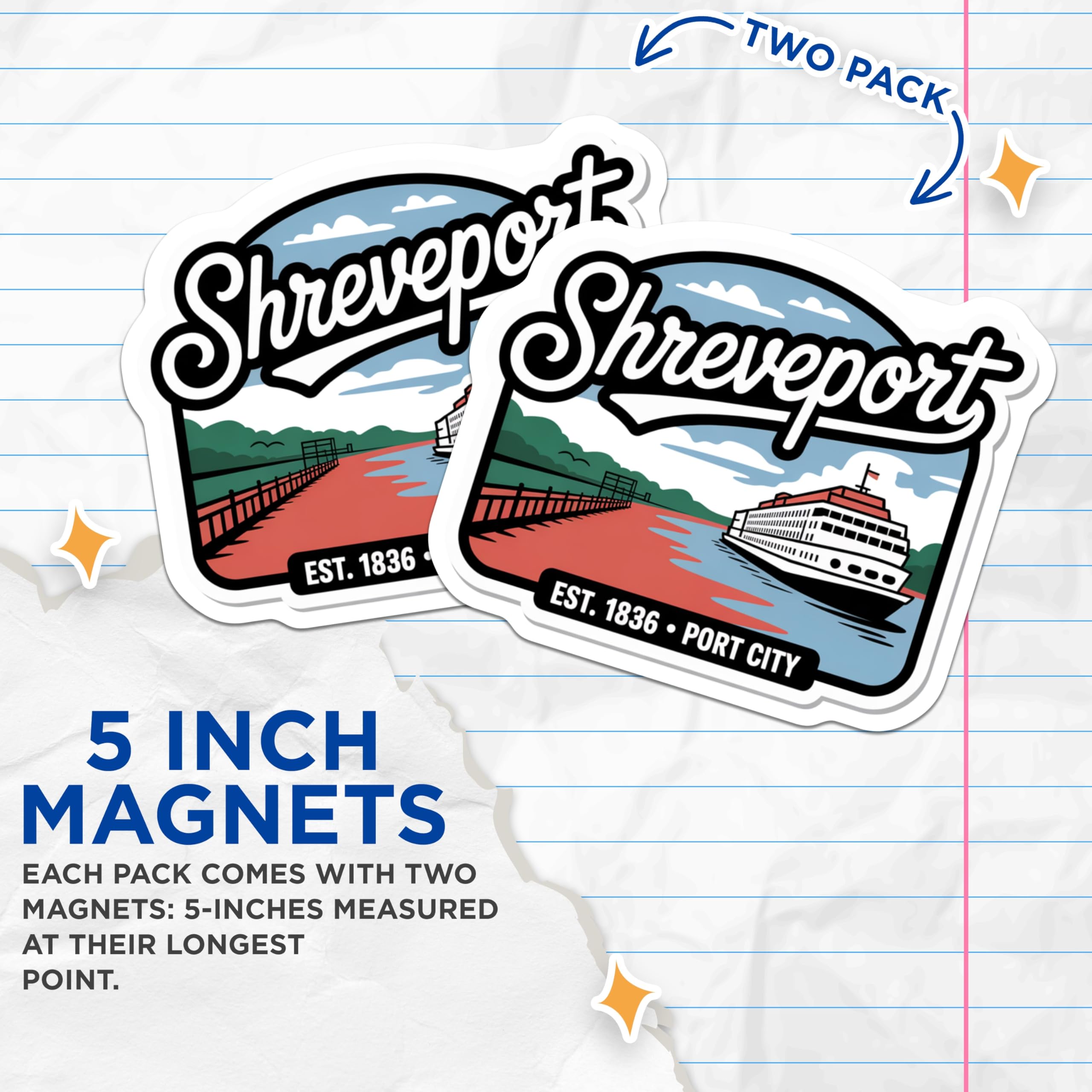 (2 Pack) Shreveport Magnets - Louisiana Port City Souvenirs - Est 1836 Riverboat Decor - Bayou State Travel Keepsakes - 5 Inches On Longest Side - Thick Durable Magnet - Made in USA - MAG19471