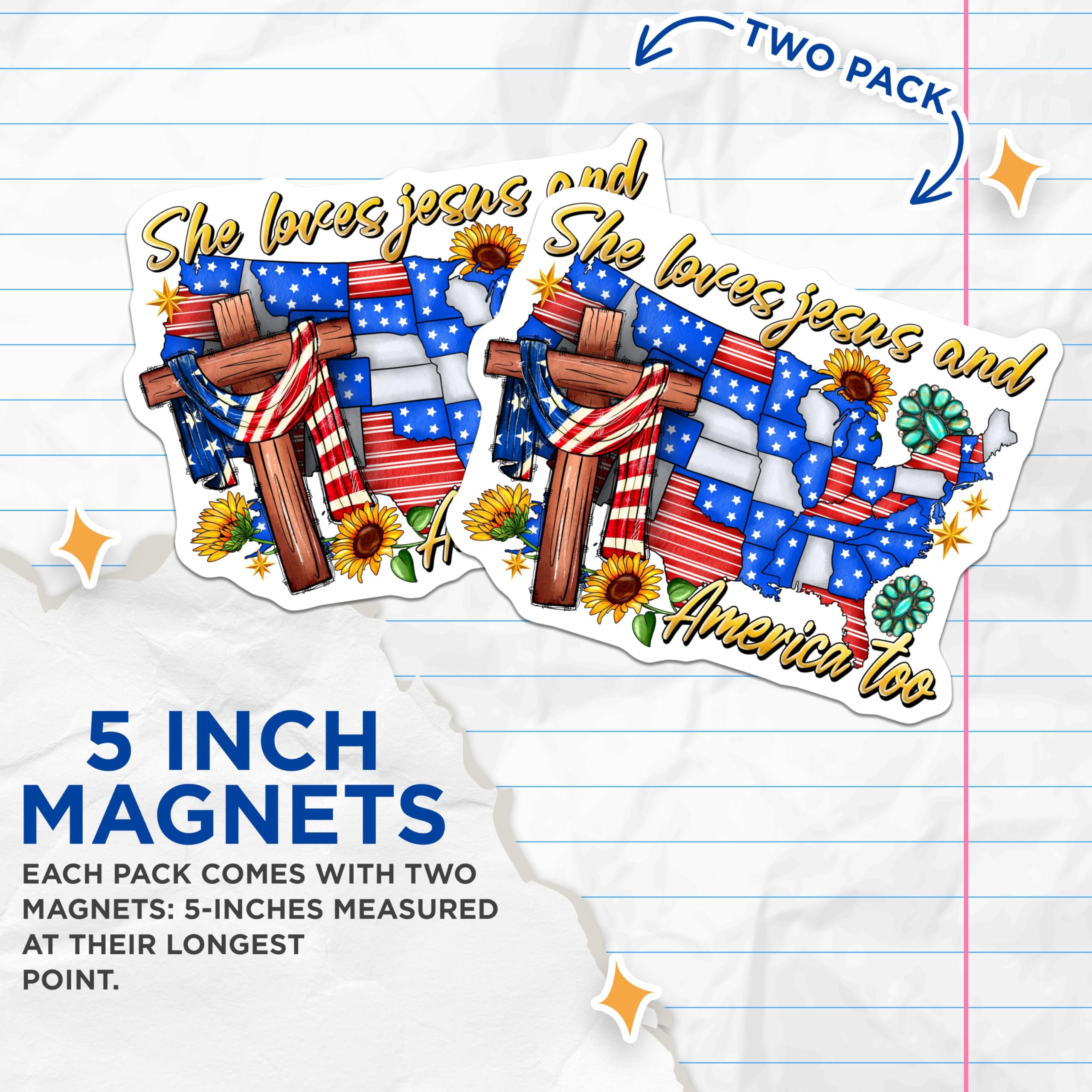 (2 Pack) She Loves Jesus America Magnets - Patriotic Christian Faith Decor - Southern Style Cross Sunflower - 5 Inches On Longest Side - Thick Durable Magnet - Made in USA - MAG30049