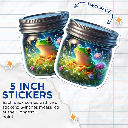 (2 Pack) Frog Stickers - Cute Frog in Jar - Nature and Wildlife Stickers - 5" On Longest Side - Sticks to Smooth Flat Surfaces - Made in USA - BMCS9385