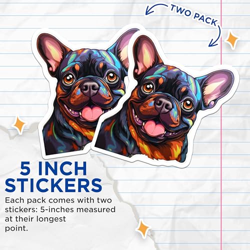 (2 Pack) Colorful French Bulldog Stickers - Cute Dog Stickers - Animal Lover Decals - 5" On Longest Side - Sticks to Smooth Flat Surfaces - Made in USA - BMCS3948