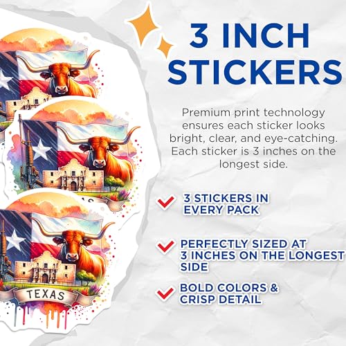 (3 Pack) Texas Pride Decals - Longhorn - Alamo - Lone Star State- 3 Inches On Longest Side - Easy Peel & Apply - Made in USA - 3MCS5672
