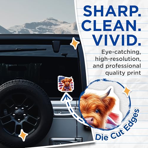 (2 Pack) Cute Highland Cow Stickers - American Flag - Patriotic Animal Decals - 5" On Longest Side - Sticks to Smooth Flat Surfaces - Made in USA - BMCS6374