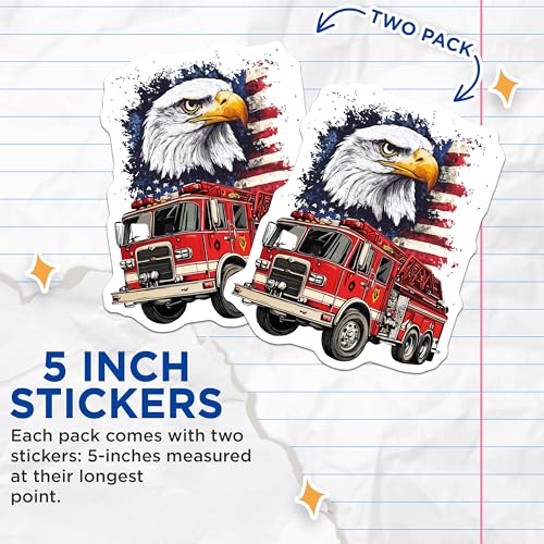 (2 Pack) Fire Truck and Eagle Stickers - Patriotic Stickers - American Flag Stickers - 5" On Longest Side - Sticks to Smooth Flat Surfaces - Made in USA - BMCS9967