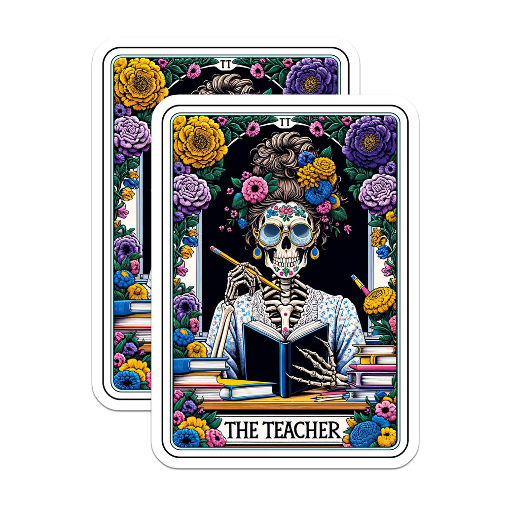 (2 Pack) Teacher Skeleton Magnets - Day of the Dead Educator Decor - Floral Tarot Card Art for Classroom Office - 5 Inches On Longest Side - Thick Durable Magnet - Made in USA - MAG24007