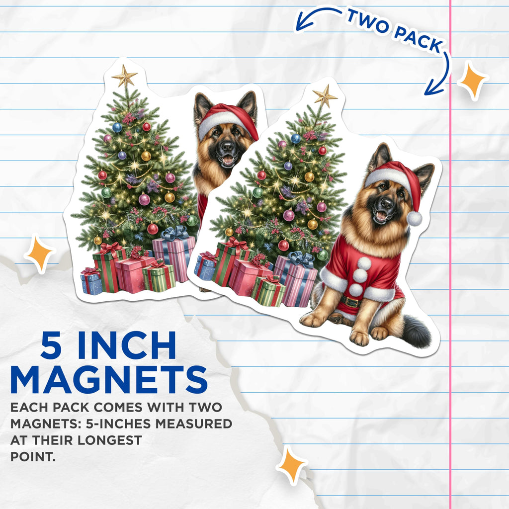 (2 Pack) German Shepherd Christmas Magnets - Holiday Dog Decor - Santa Pet Lover Accessory - 5 Inches On Longest Side - Thick Durable Magnet - Made in USA - MAG27642