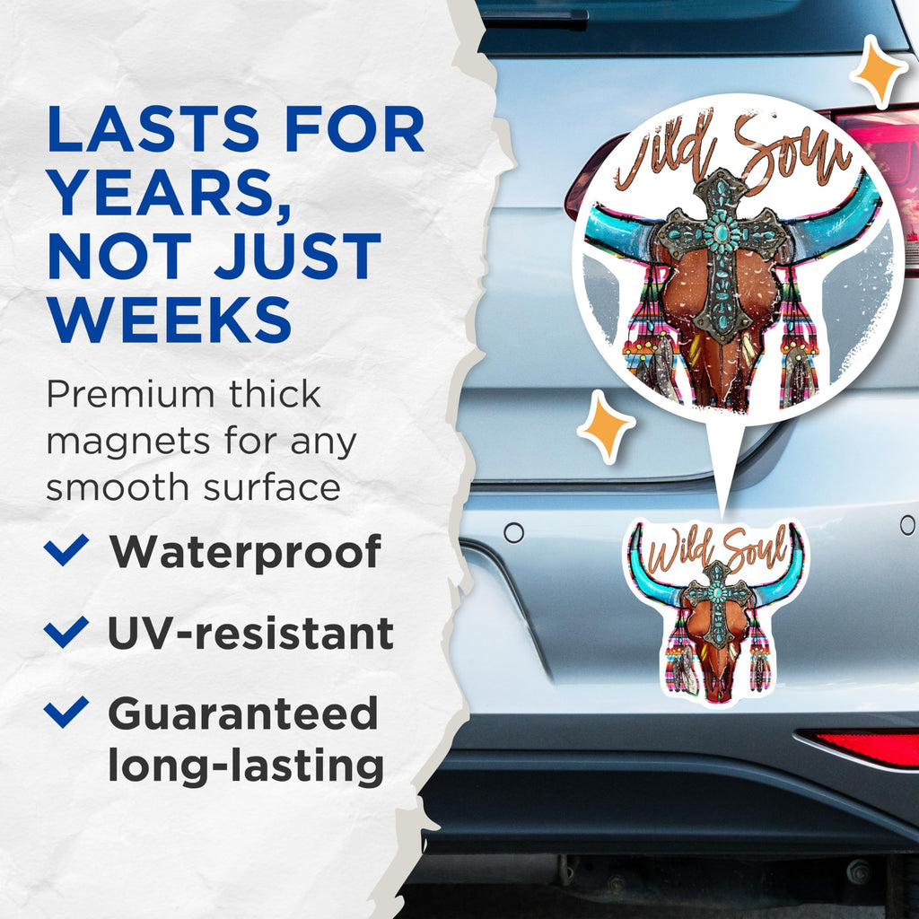 (2 Pack) Wild Soul Bull Skull Magnets - Boho Western Decor - Southwestern Cowgirl Style Longhorn - 5 Inches On Longest Side - Thick Durable Magnet - Made in USA - MAG30704