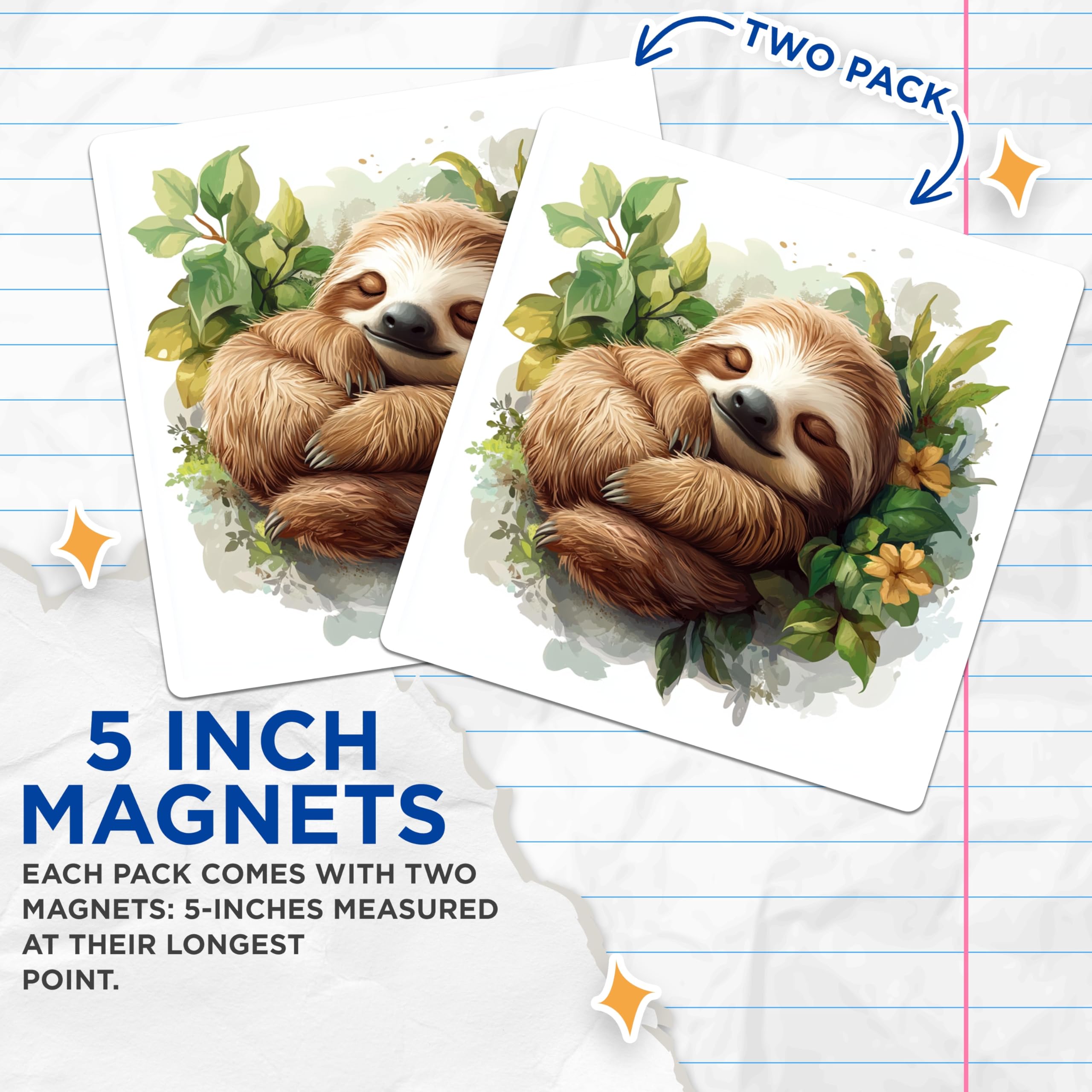 (2 Pack) Sleeping Sloth Magnets - Cute Sloth Decor - Peaceful Animal Lover Refrigerator Locker Magnets - 5 Inches On Longest Side - Thick Durable Magnet - Made in USA - MAG30865