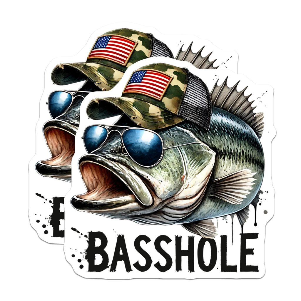 (2 Pack) Bass Fishing Stickers - Funny Fishing Meme - Outdoor Hobby Decal - 5" On Longest Side - Sticks to Smooth Flat Surfaces - Made in USA - BMCS9854