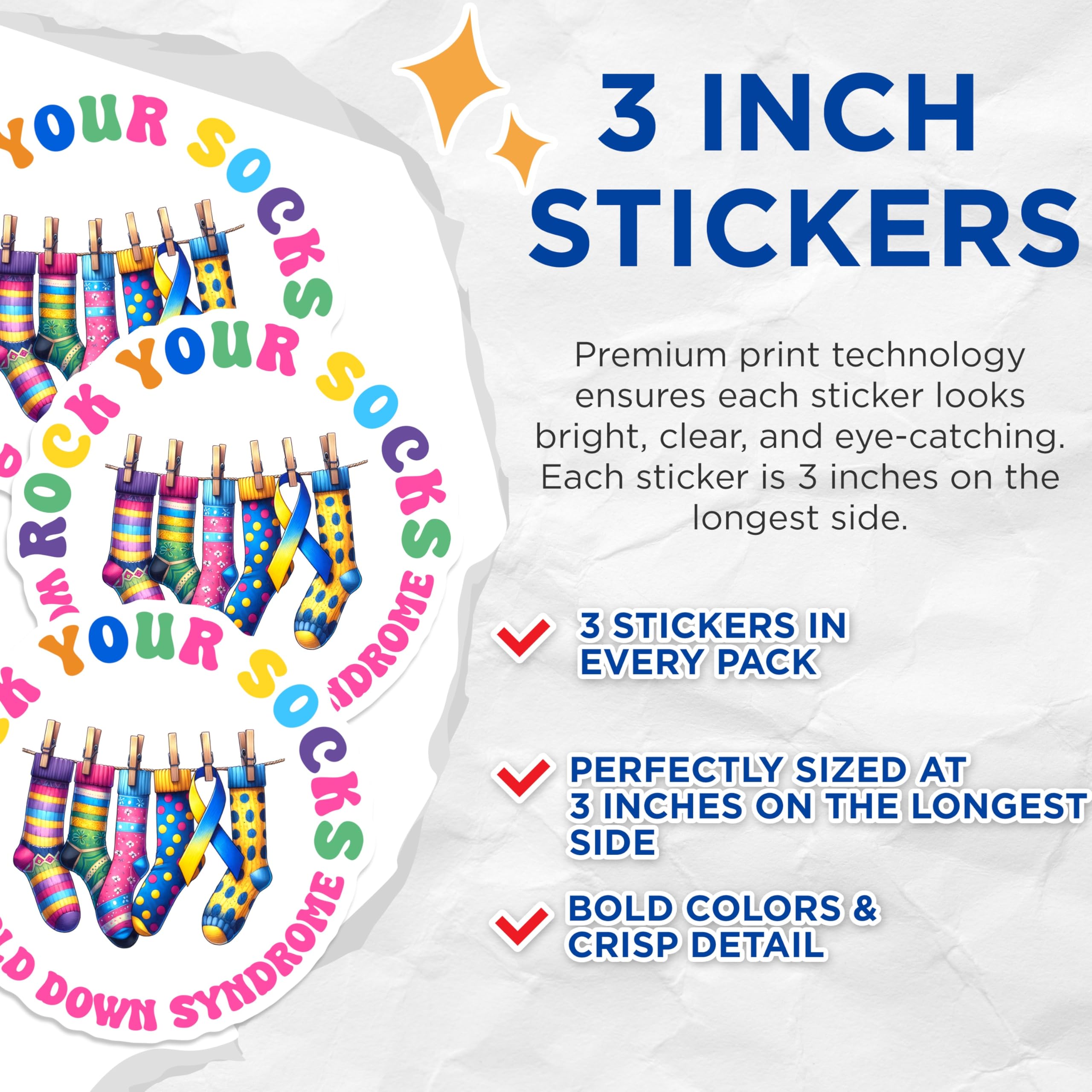 (3 Pack) Down Syndrome Awareness Decals - Rock Your Socks World - Special Needs Supporter - 3 Inches On Longest Side - Easy Peel & Apply - Made in USA - 3MCS6959
