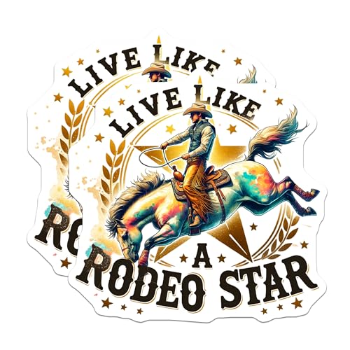 (2 Pack) Live Like A Rodeo Star Stickers - Cowboy Riding Horse - Western Rodeo Decal - 5" On Longest Side - Sticks to Smooth Flat Surfaces - Made in USA - BMCS7279