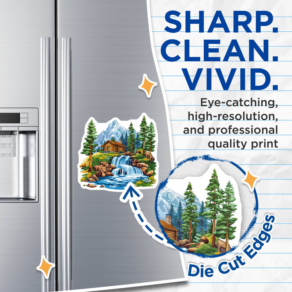(2 Pack) Mountain Cabin Magnets - Waterfall Landscape Scene - Rustic Nature Adventure - 5 Inches On Longest Side - Thick Durable Magnet - Made in USA - MAG38967