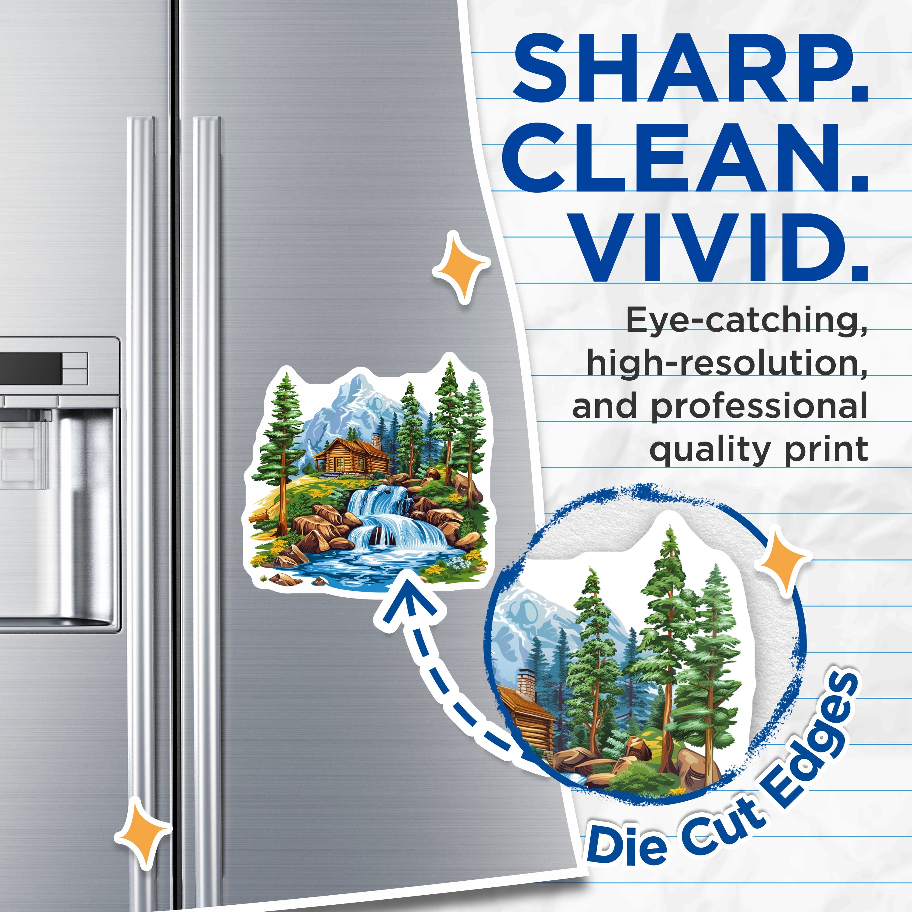 (2 Pack) Mountain Cabin Magnets - Waterfall Landscape Scene - Rustic Nature Adventure - 5 Inches On Longest Side - Thick Durable Magnet - Made in USA - MAG38967