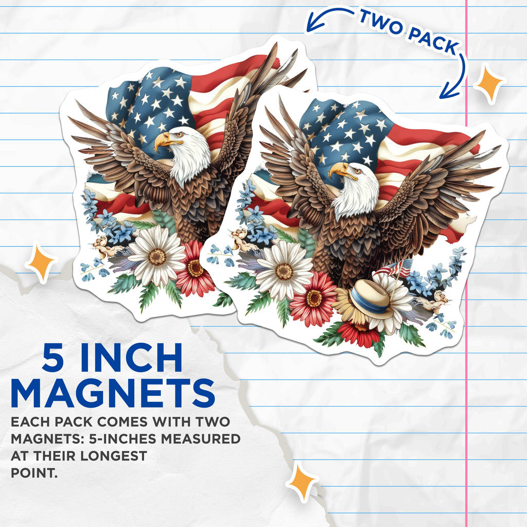 (2 Pack) Patriotic Eagle American Flag Magnets - 4th of July Decor - Veterans Day Memorial Day - 5 Inches On Longest Side - Thick Durable Magnet - Made in USA - MAG37925