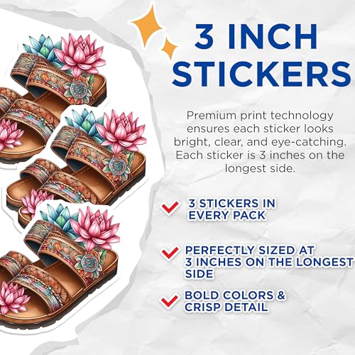 (3 Pack) Boho Sandals Decals - Lotus Flower Art - Stylish Laptop Decals - 3 Inches On Longest Side - Easy Peel & Apply - Made in USA - 3MCS7619