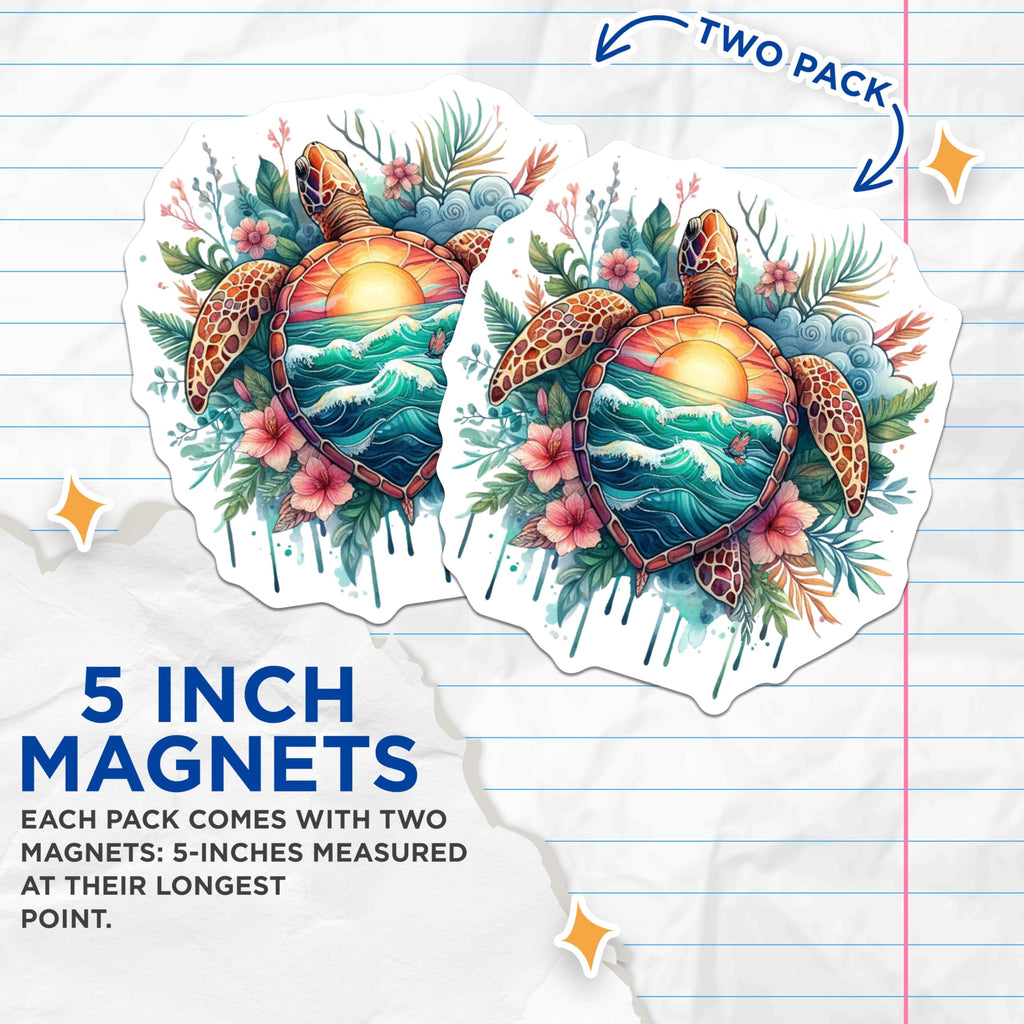 (2 Pack) Sea Turtle Magnets - Sunset Ocean Waves Art - Tropical Floral Decor Accent - 5 Inches On Longest Side - Thick Durable Magnet - Made in USA - MAG22331