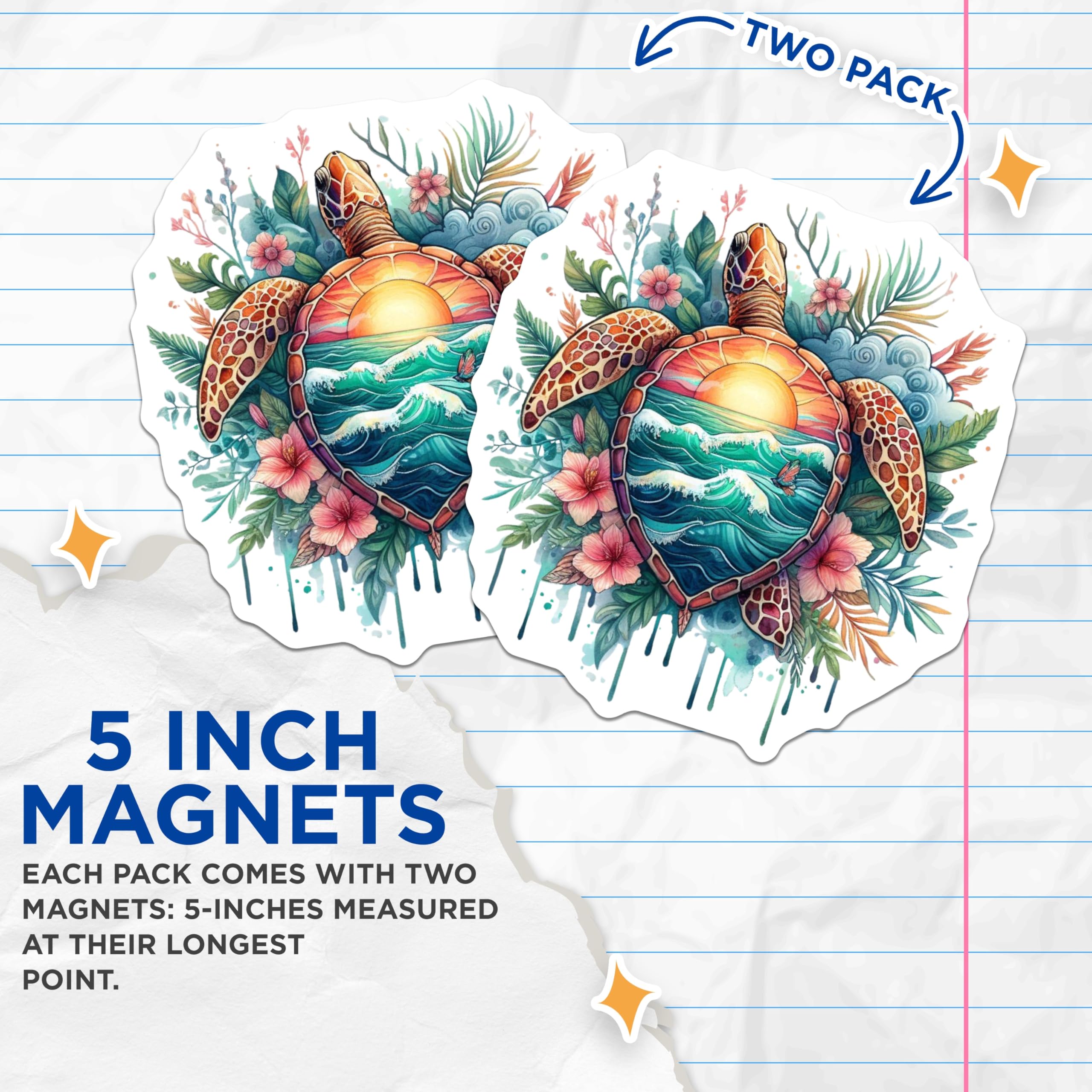 (2 Pack) Sea Turtle Magnets - Sunset Ocean Waves Art - Tropical Floral Decor Accent - 5 Inches On Longest Side - Thick Durable Magnet - Made in USA - MAG22331