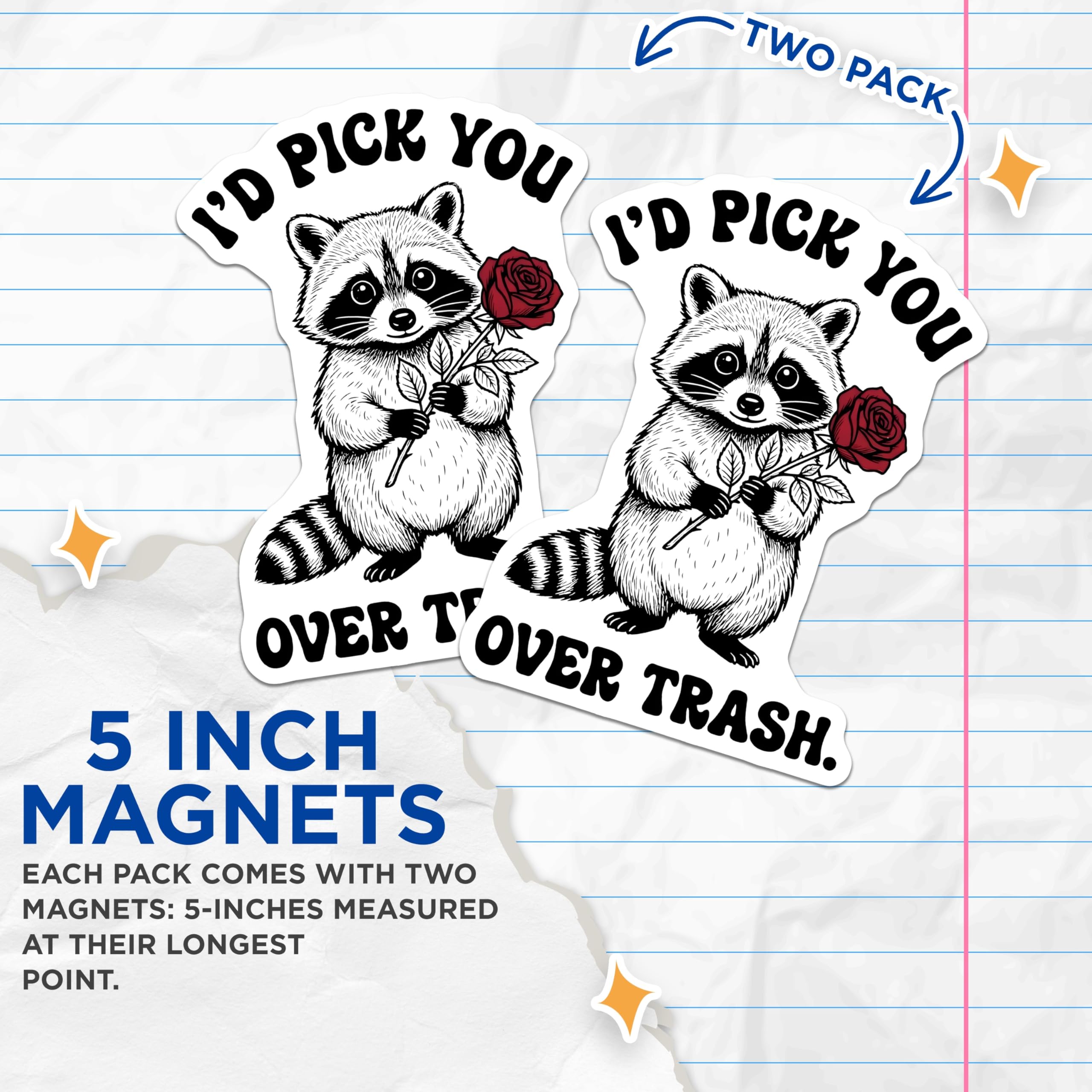 (2 Pack) Raccoon with Rose Magnets - I'd Pick You - Cute Animal Magnet - 5" On Longest Side - Premium Magnet - for Cars, Refrigerators, Toolboxes, Lockers - Made in USA - MAG14668