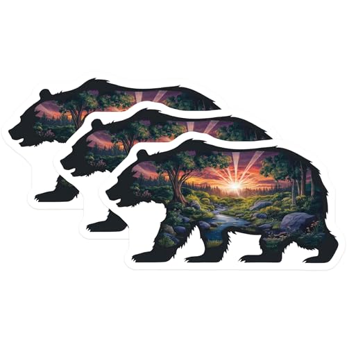 (3 Pack) Bear Landscape Decals - Sunset Forest - Animal Nature Stickers- 3 Inches On Longest Side - Easy Peel & Apply - Made in USA - 3MCS5484