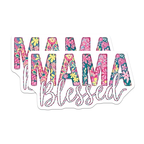 (2 Pack) Mama Blessed Stickers - Floral Mama Decals - Inspirational Mom Stickers - 5" On Longest Side - Sticks to Smooth Flat Surfaces - Made in USA - BMCS3917