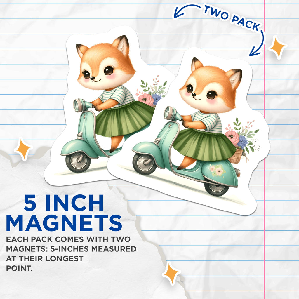 (2 Pack) Cute Fox Magnets - Whimsical Scooter Ride - Woodland Creature Decor - Adorable Kawaii Character with Flowers - 5 Inches On Longest Side - Thick Durable Magnet - Made in USA - MAG21946