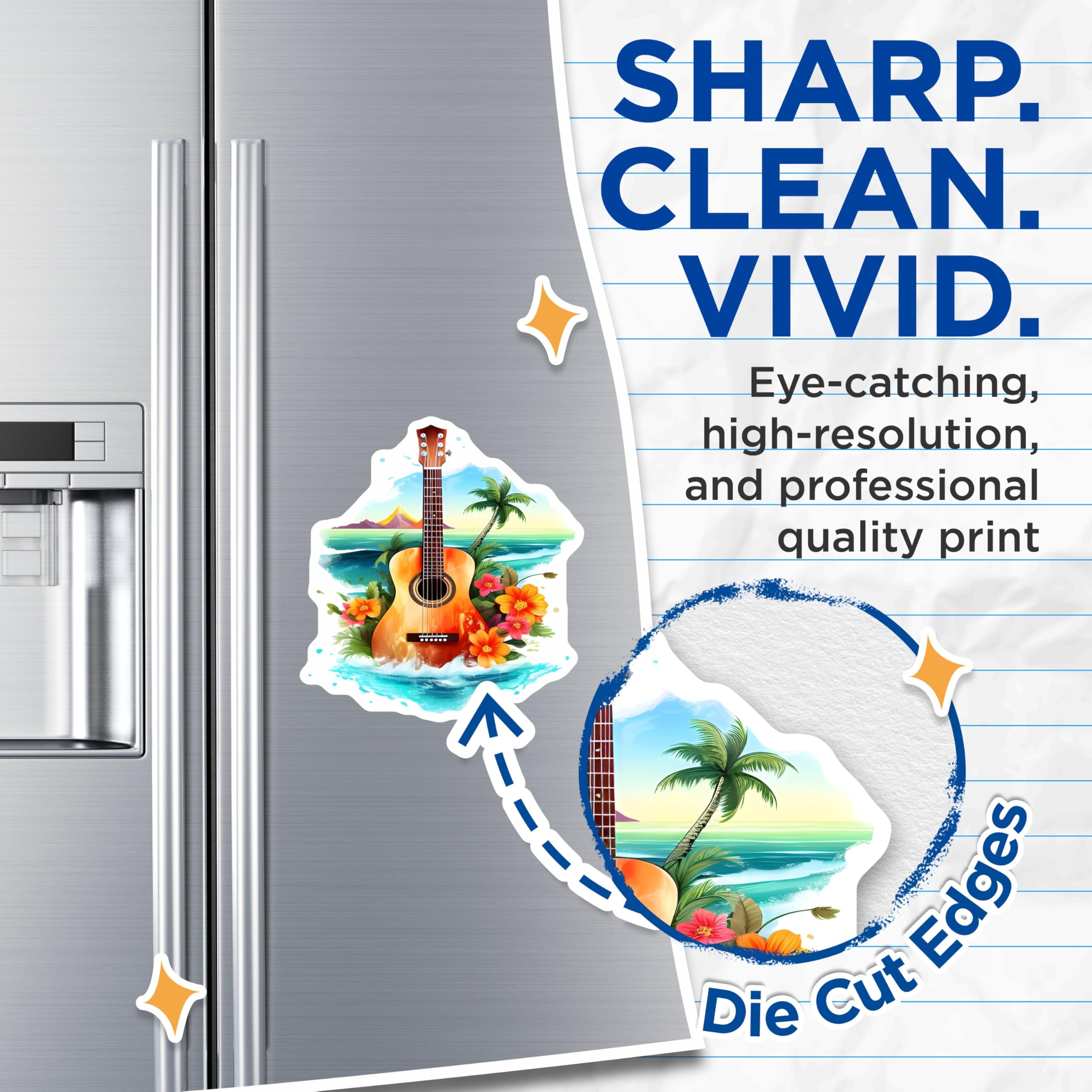 (2 Pack) Tropical Guitar Magnets - Hawaiian Island Beach Scene - Ocean Music Aesthetic Refrigerator Magnets - 5 Inches On Longest Side - Thick Durable Magnet - Made in USA - MAG21876
