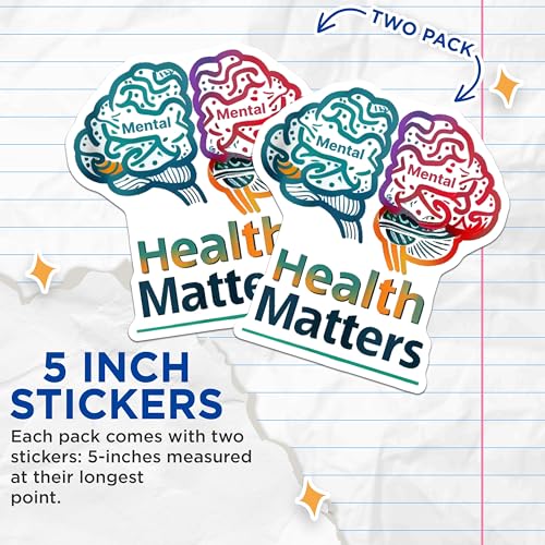 (2 Pack) Mental Health Matters Stickers - Mental Wellness Stickers - Brain Art Stickers - 5" On Longest Side - Sticks to Smooth Flat Surfaces - Made in USA - BMCS4887