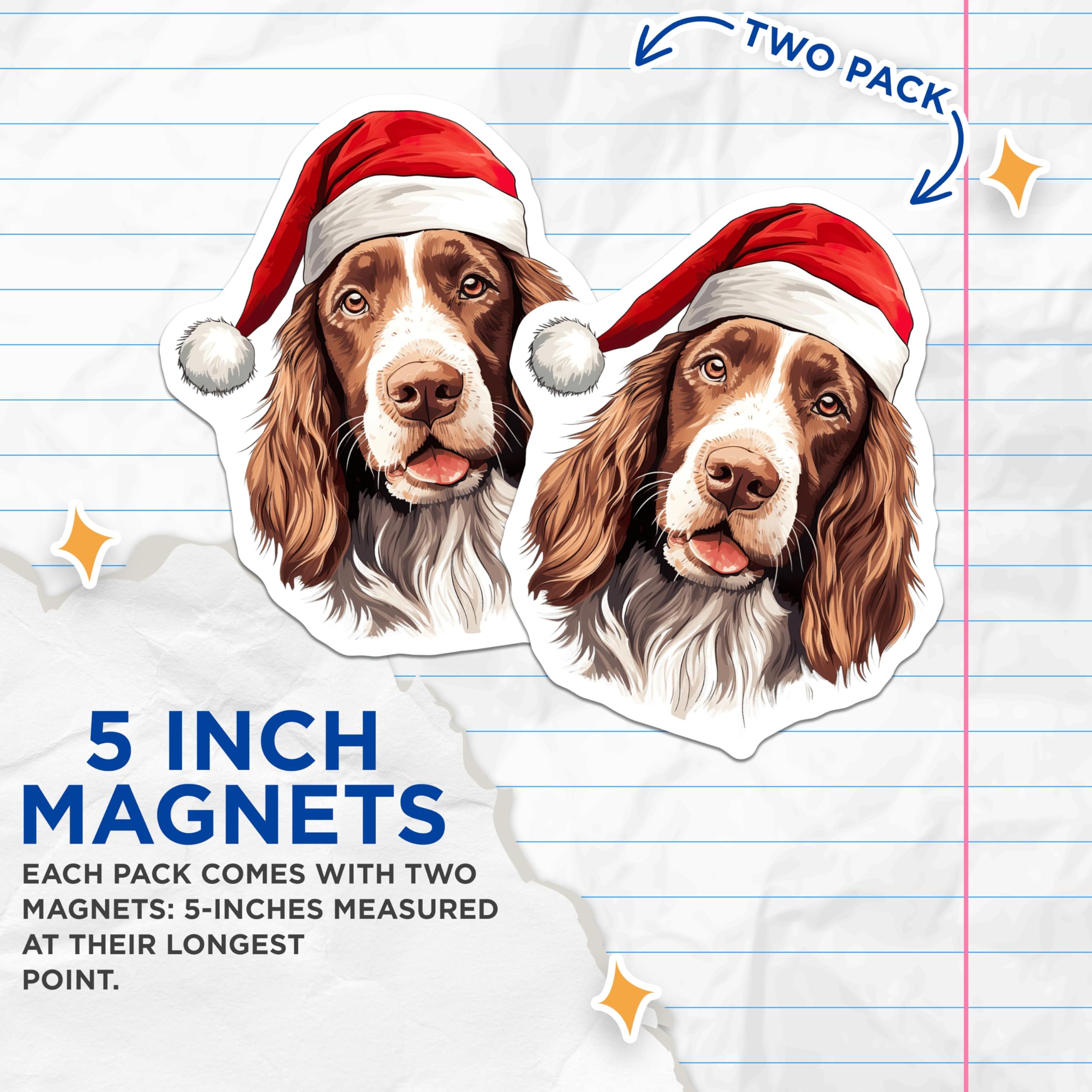 (2 Pack) Springer Spaniel Magnets - Christmas Dog Fridge Decor - Santa Hat Pet - Holiday Animal Fun - 5 Inches On Longest Side - Thick Durable Magnet - Made in USA - MAG25198