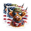 (2 Pack) Patriotic Highland Cow Stickers - American Flag Stickers - Military Hat Stickers - 5" On Longest Side - Sticks to Smooth Flat Surfaces - Made in USA - BMCS6338