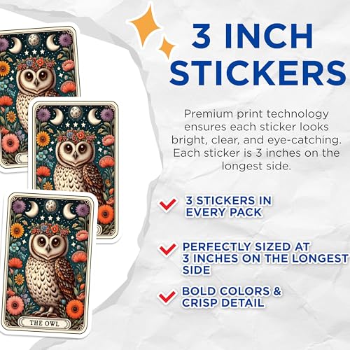 (3 Pack) Owl Tarot Card Decals - Floral Owl Sticker - Bohemian Laptop Decal - 3 Inches On Longest Side - Easy Peel & Apply - Made in USA - 3MCS4239