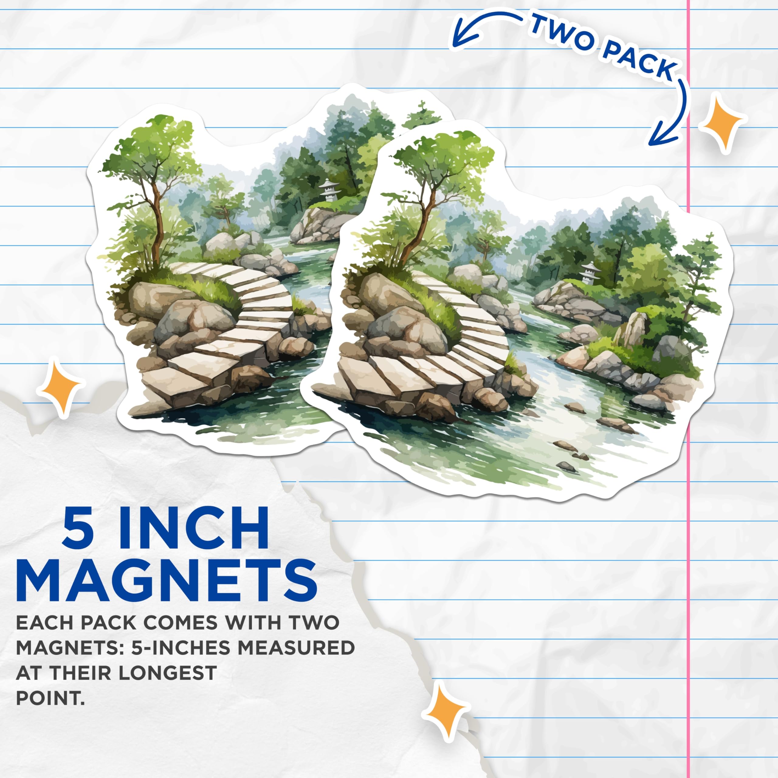 (2 Pack) Japanese Garden Magnets - Zen Landscape Art - Pagoda Stream Decor - 5 Inches On Longest Side - Thick Durable Magnet - Made in USA - MAG19696
