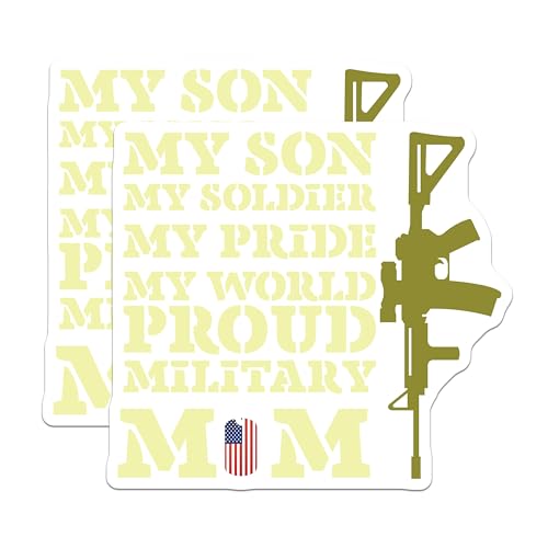 (2 Pack) Proud Military Mom Stickers - My Son My Soldier My Pride - My World Army Mom Decals - Patriotic Mom Stickers - 5" On Longest Side - Sticks to Smooth Flat Surfaces - Made in USA - BMCS5207