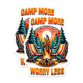 (2 Pack) Camp More Worry Less Stickers - Outdoor Camping Decals - Retro Adventure Vinyl Stickers - 5" On Longest Side - Sticks to Smooth Flat Surfaces - Made in USA - BMCS6922