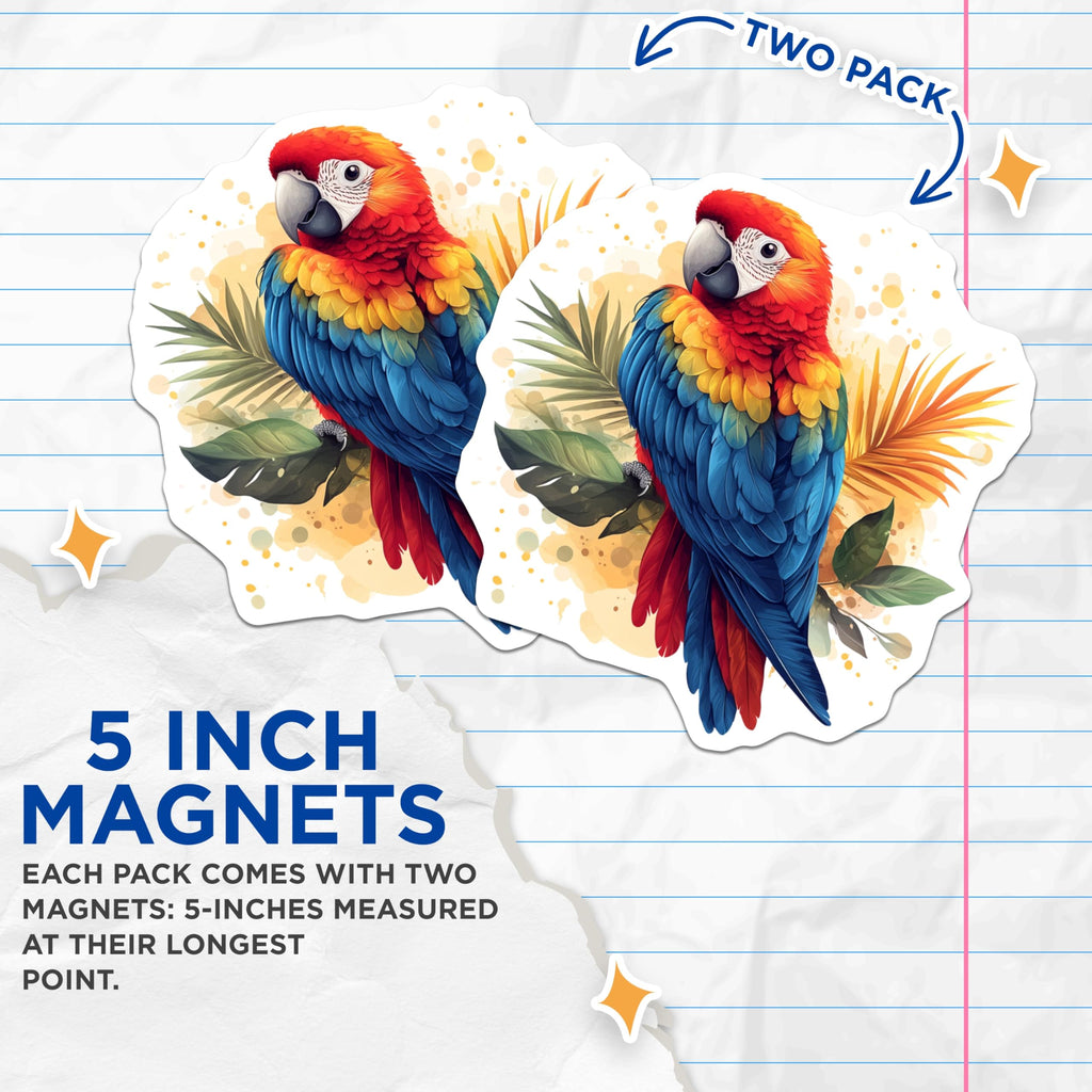 (2 Pack) Vibrant Macaw Magnets - Tropical Parrot Decor - Exotic Bird Refrigerator Art - 5 Inches On Longest Side - Thick Durable Magnet - Made in USA - MAG29429