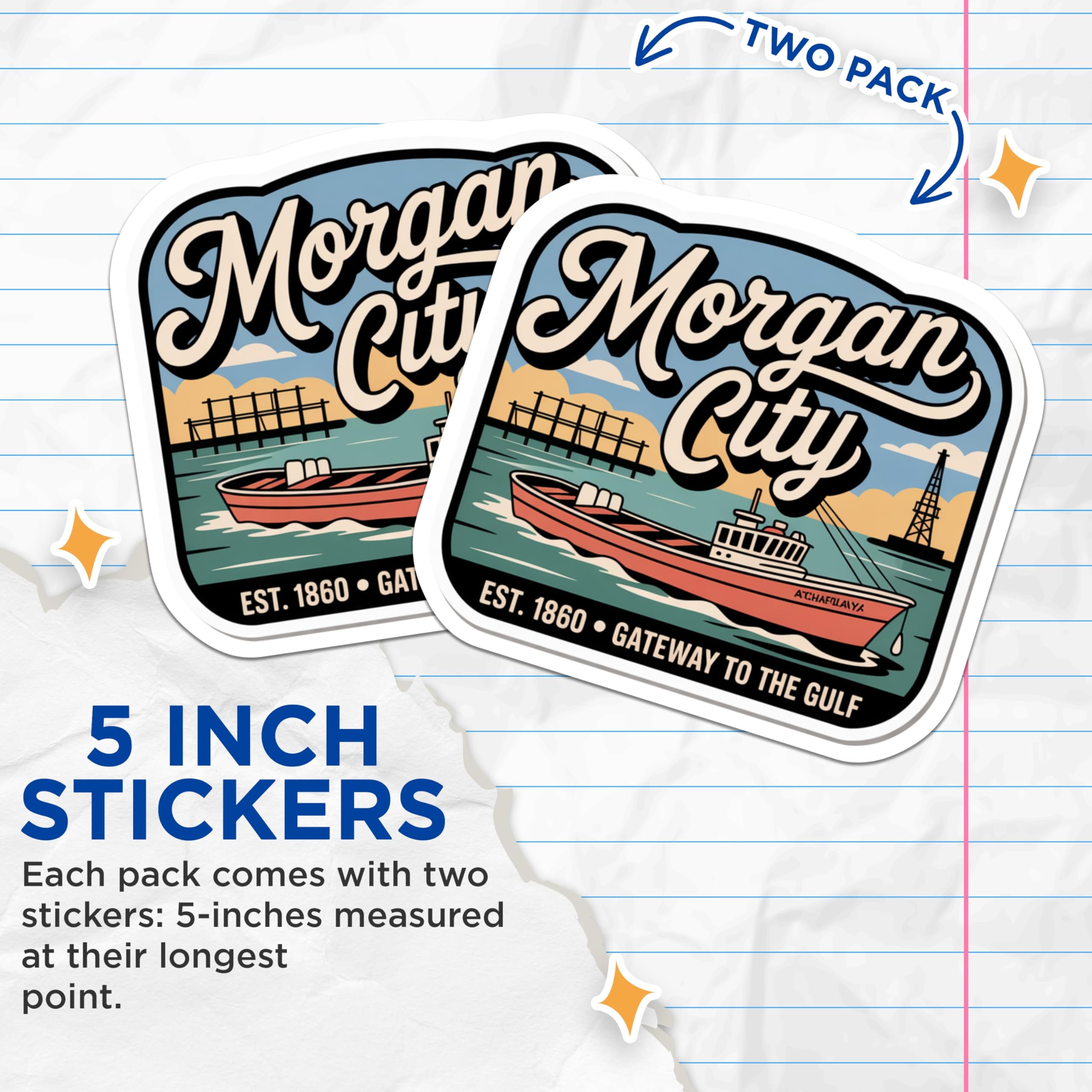 (2 Pack) Morgan City Louisiana Stickers - Boat Decals - Travel Souvenir - 5" On Longest Side - Sticks to Smooth Flat Surfaces - Made in USA - BMCS17975