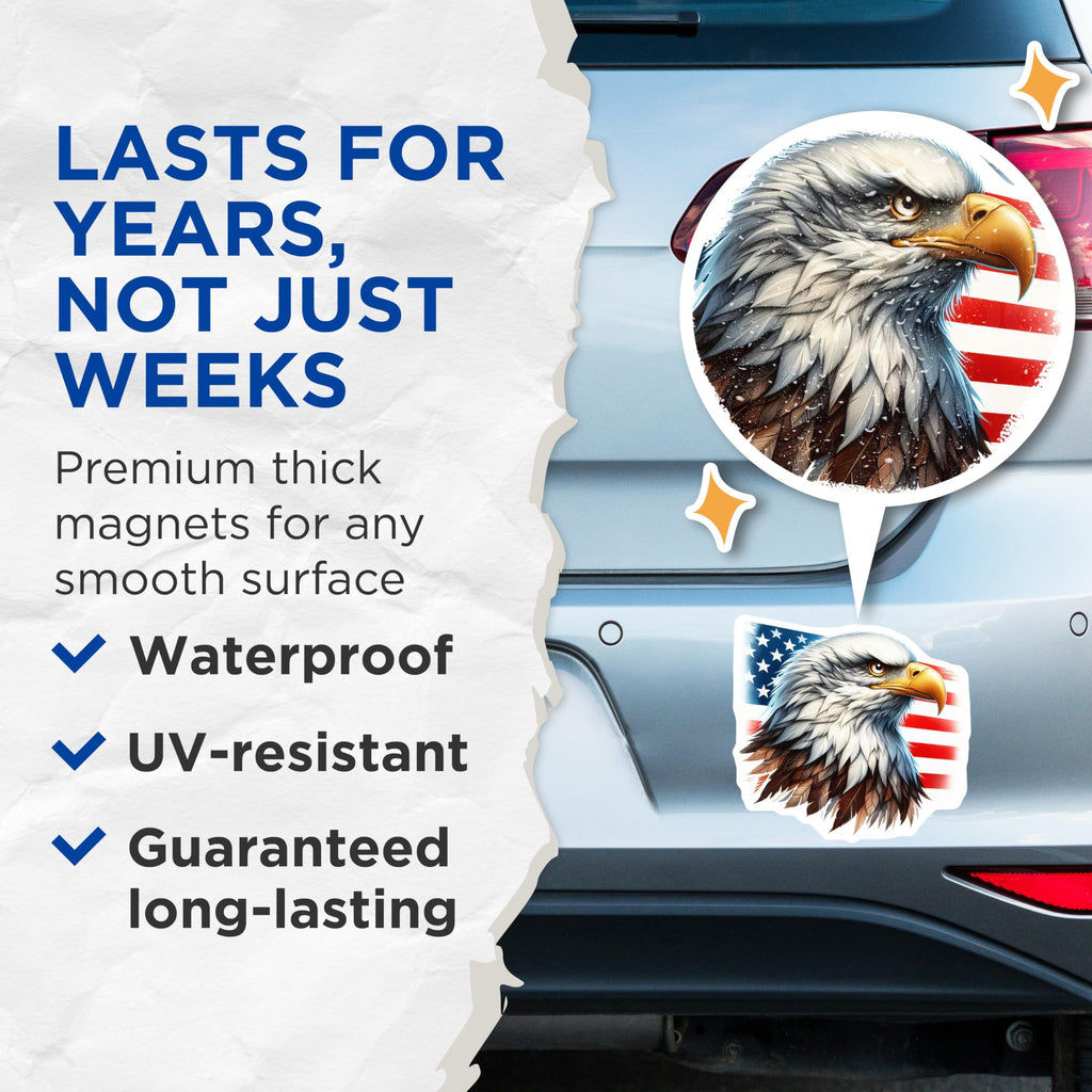 (2 Pack) American Bald Eagle Head Magnets - Majestic USA Flag Decor - Patriotic National Bird Symbol Display - 5 Inches On Longest Side - Thick Durable Magnet - Made in USA - MAG20269