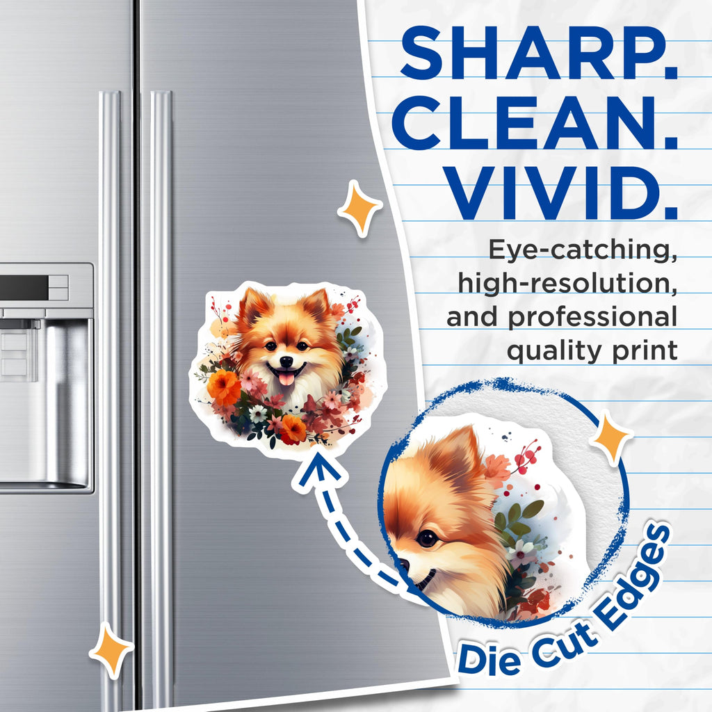 (2 Pack) Pomeranian Magnets - Floral Dog Refrigerator Magnets - Cute Pet Art Decor - 5 Inches On Longest Side - Thick Durable Magnet - Made in USA - MAG26130