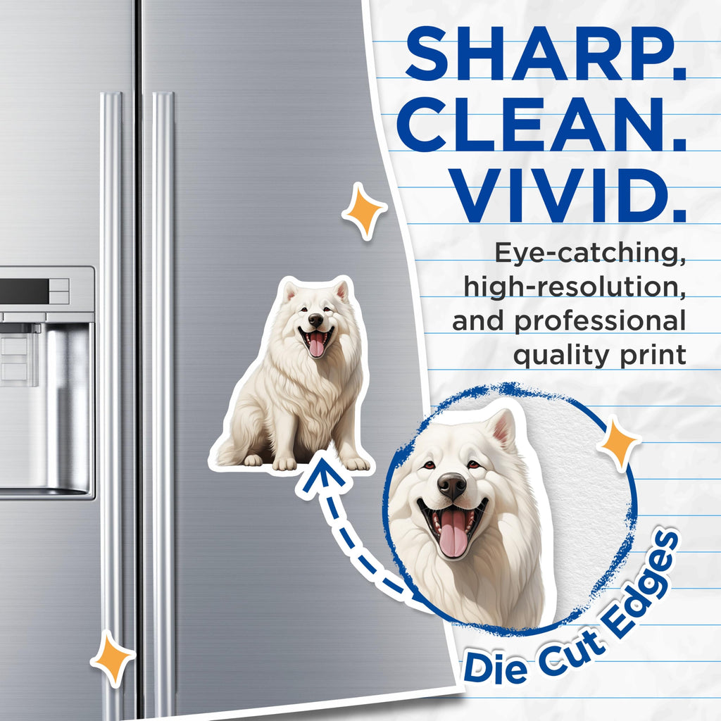 (2 Pack) Samoyed Dog Magnets - Fluffy White Dog Decor - Happy Puppy Animal Art - 5 Inches On Longest Side - Thick Durable Magnet - Made in USA - MAG26599