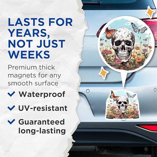 (2 Pack) Skull and Butterfly Magnets - Floral Skull Design - Nature Aesthetic Magnets for Fridge - Art Magnets - 5" On Longest Side - for Cars, Fridges, Toolboxes - Made in USA - MAG4239