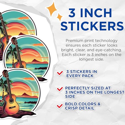 (3 Pack) Acoustic Guitar Decals - Tropical Sunset Stickers - Decak Decals - 3 Inches On Longest Side - Easy Peel & Apply - Made in USA - 3MCS1005