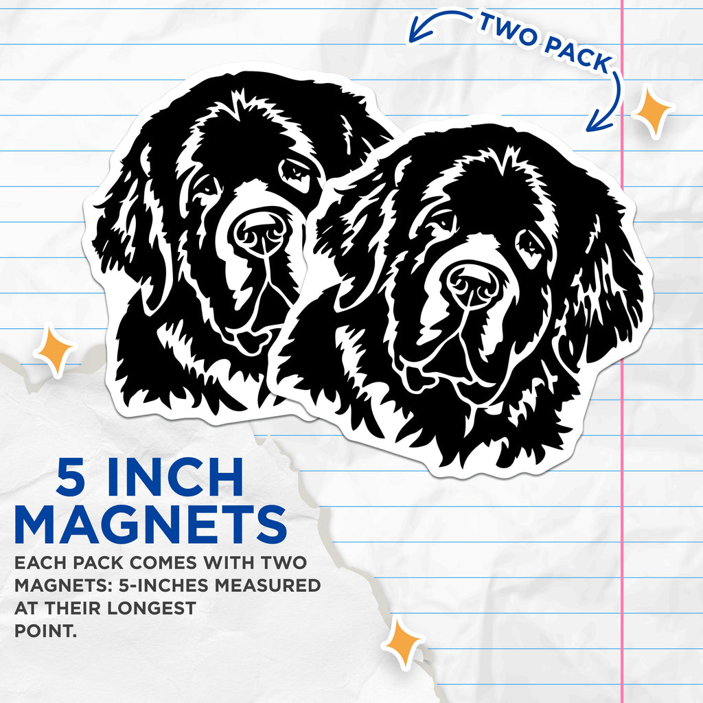 (2 Pack) Newfoundland Dog Head Magnets - Black Dog Lover Decor - Pet Parent Refrigerator Locker Magnets - 5 Inches On Longest Side - Thick Durable Magnet - Made in USA - MAG38156