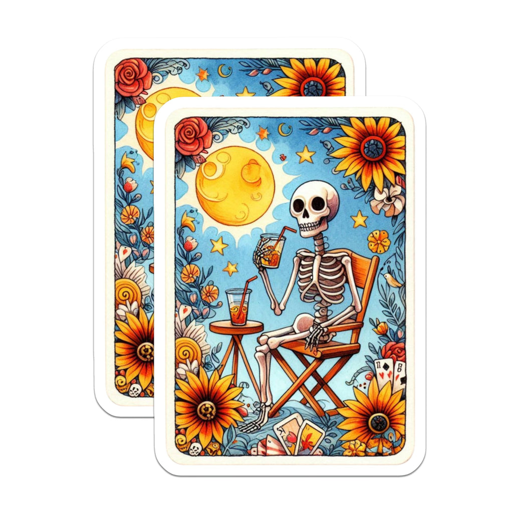 (2 Pack) Relaxing Skeleton Magnets - Summer Day Art - Sun Moon Flowers - Chillin Skull Decor - Unique Refrigerator Display - 5 Inches On Longest Side - Thick Durable Magnet - Made in USA - MAG21048