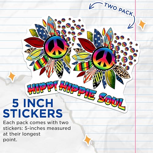 (2 Pack) Peace Sign Hippie Soul Stickers - Flower Power Vibes Stickers - Retro Colorful Stickers - 5" On Longest Side - Sticks to Smooth Flat Surfaces - Made in USA - BMCS4727