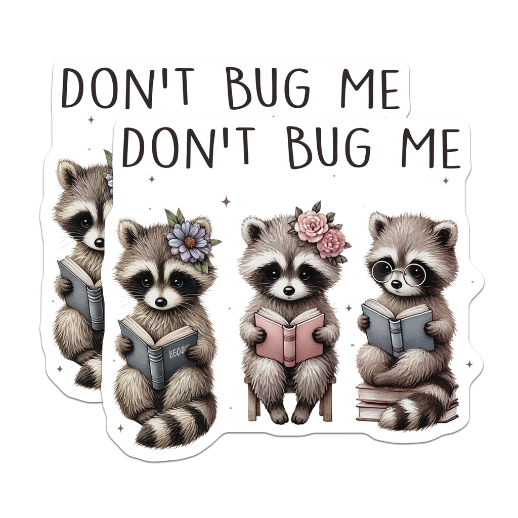 (2 Pack) Cute Raccoon Stickers - Don't Bug Me Sticker - Raccoon Reading Stickers - 5" On Longest Side - Sticks to Smooth Flat Surfaces - Made in USA - BMCS6483