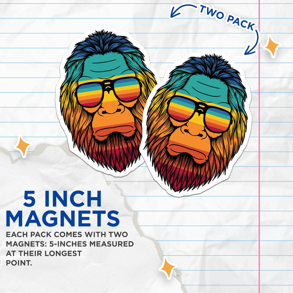 (2 Pack) Bigfoot Magnets - Retro Sunset Design - Cryptid Art Decor - 5 Inches On Longest Side - Thick Durable Magnet - Made in USA - MAG21994