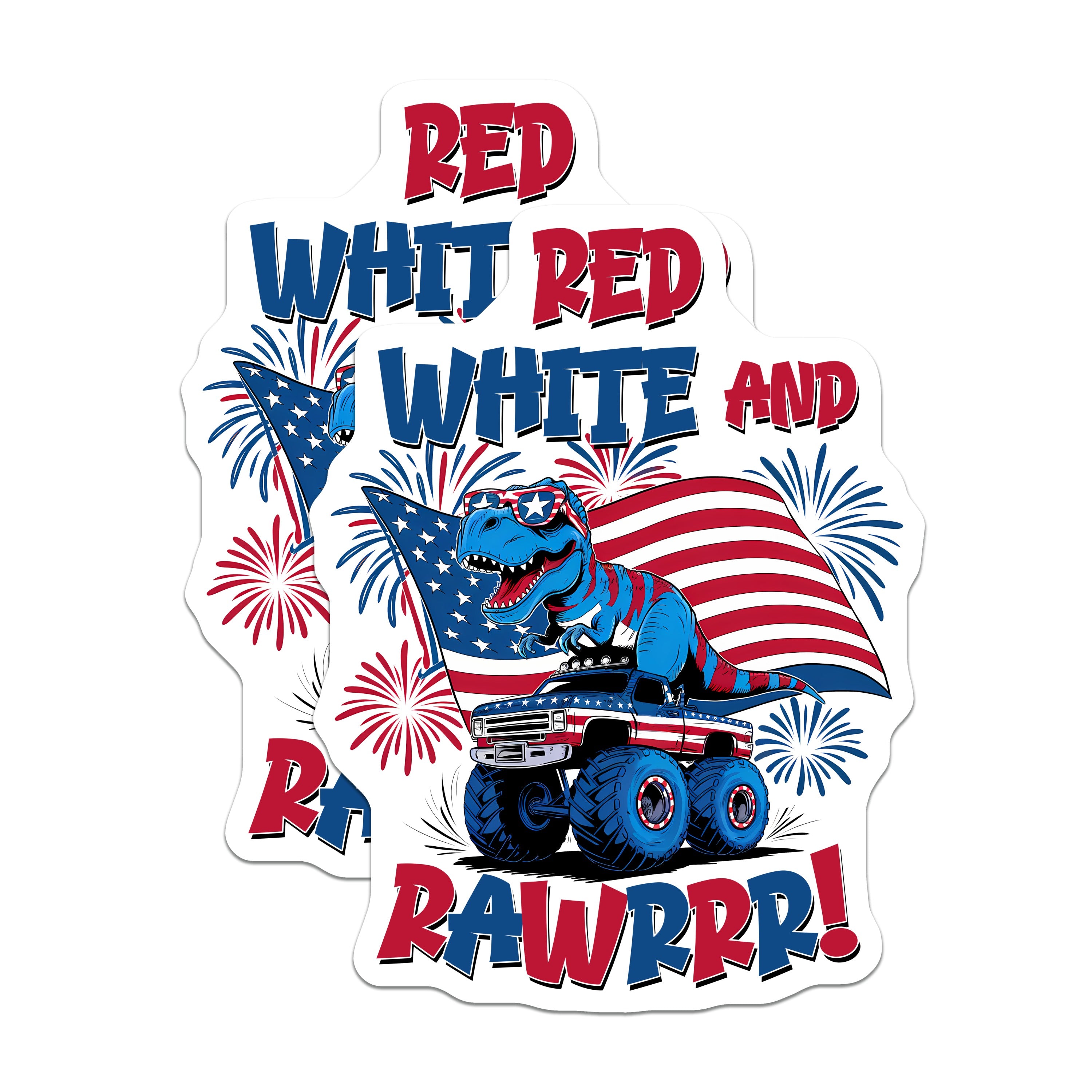 (2 Pack) Patriotic Dinosaur Magnets - Monster Truck T-Rex - 4th of July Independence Day USA - 5 Inches On Longest Side - Thick Durable Magnet - Made in USA - MAG38184